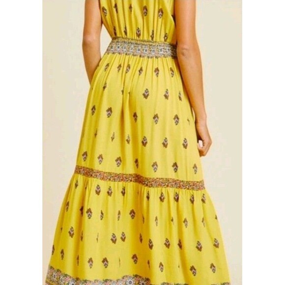 Ces Femme Dress Size L Maxi Boho Festival Yellow Crossover V Neck Front Floral - Picture 2 of 10